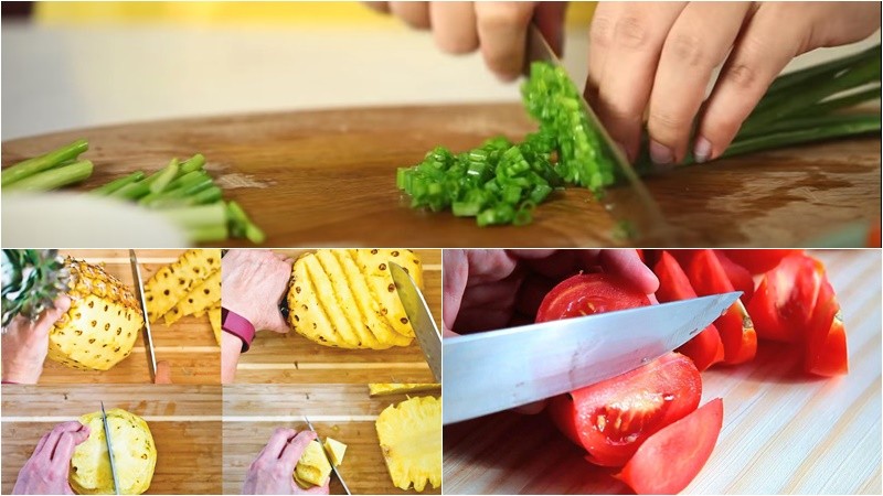 Các loại rau củ như bạc hà, cà chua, dứa đã được sơ chế và cắt miếng vừa ăn