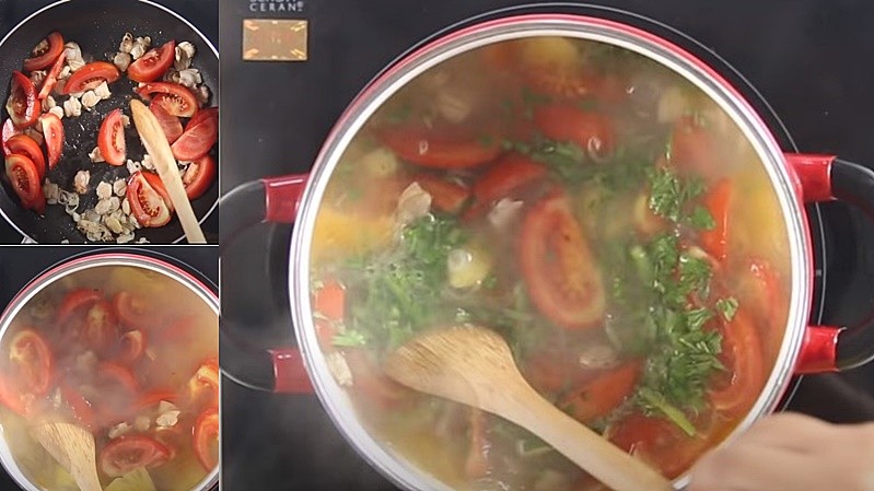 Nồi canh chua nghêu đang sôi trên bếp, tỏa hương thơm hấp dẫn