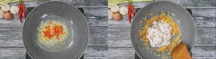 Xào bạch tuộc với sả ớt trên lửa lớn để giữ độ giòn và thấm vị