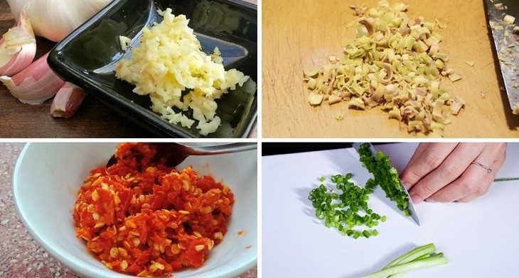 Sơ chế sả, ớt và tỏi băm nhuyễn để chuẩn bị xào bạch tuộc