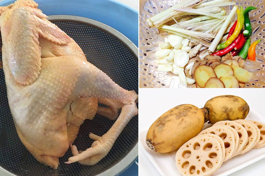 Nguyên liệu tươi ngon chuẩn bị cho món lẩu gà nấm chua cay