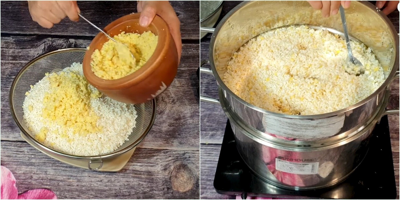Nồi xôi nếp dẻo thơm đang được hấp chín, bí quyết cho cách nấu xôi chè cúng thành công