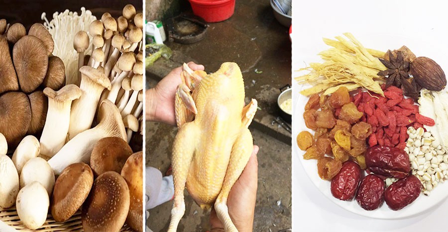 Gói thuốc bắc hầm gà và các nguyên liệu đặc trưng cho lẩu gà nấm thuốc bắc