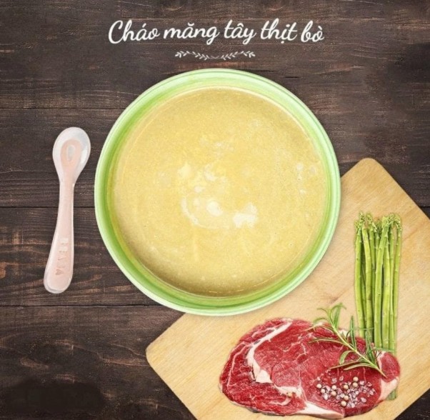 Cháo măng tây nấu thịt bò cho bé từ 8 tháng trở lên, giàu protein và sắt