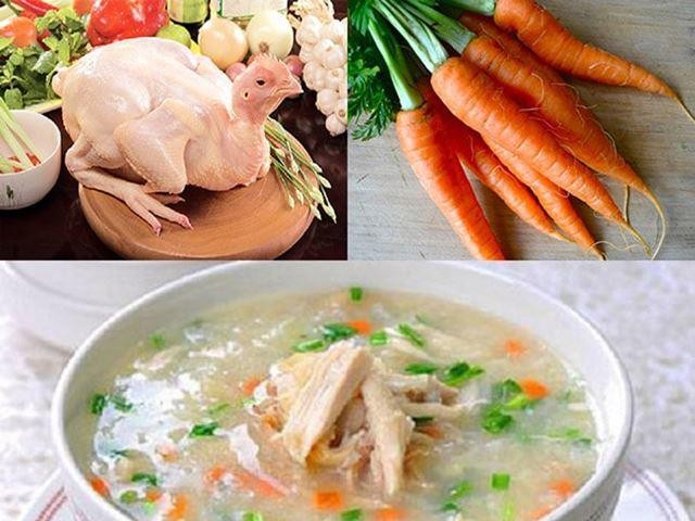 Cháo gà rau củ nấu cùng nấm hương và cà rốt màu sắc đẹp mắt