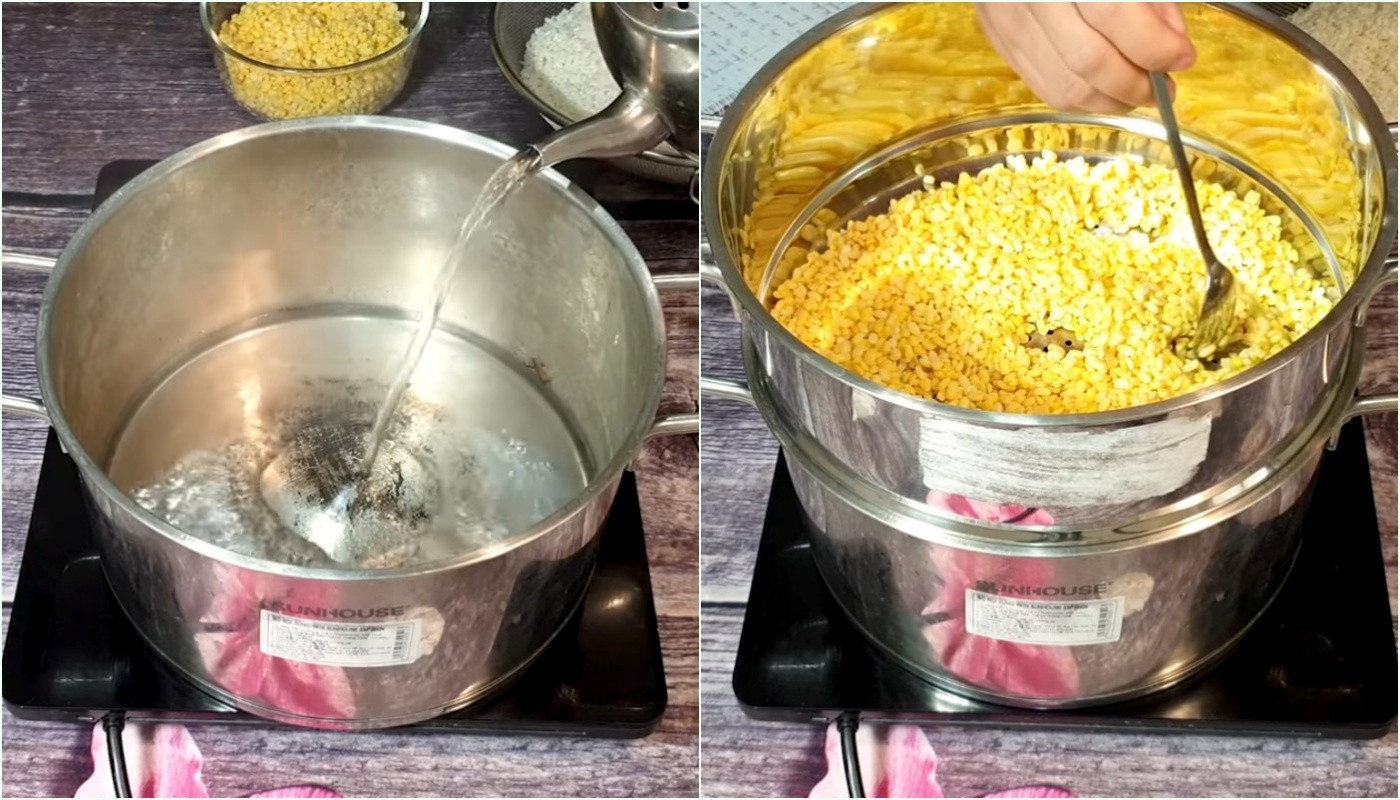 Hấp chín đậu xanh bở tơi trong nồi xửng, bước quan trọng trong cách nấu xôi chè cúng