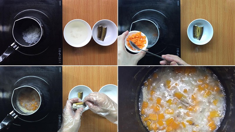 Cà rốt thái hạt lựu đang được nấu cùng cháo, chuẩn bị món ăn dặm cho bé 9 tháng