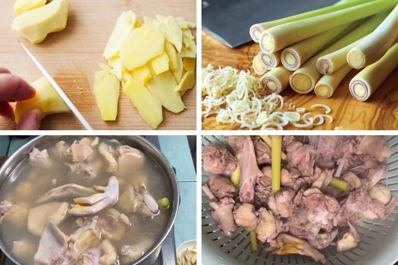 Thịt vịt đang được trụng sơ với gừng sả để khử mùi hôi, bước quan trọng trong công thức vịt om sấu