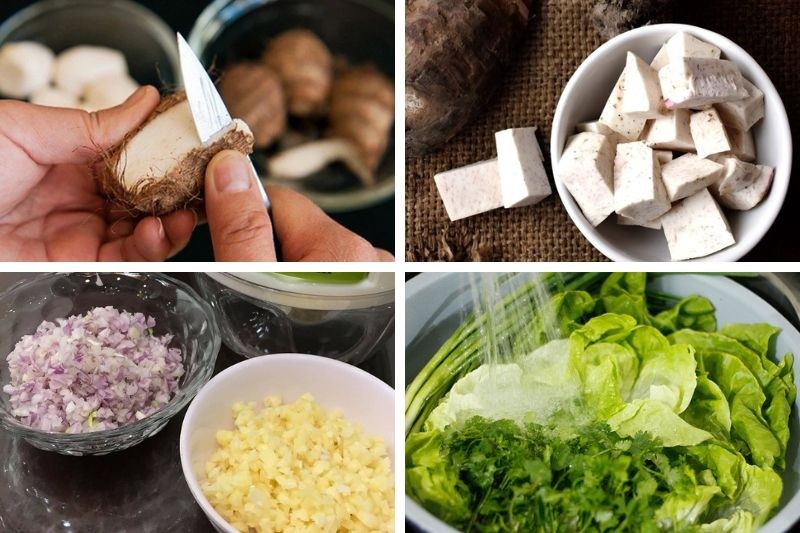 Các loại rau thơm và nguyên liệu khác đã được sơ chế sạch sẽ cho món vịt om sấu