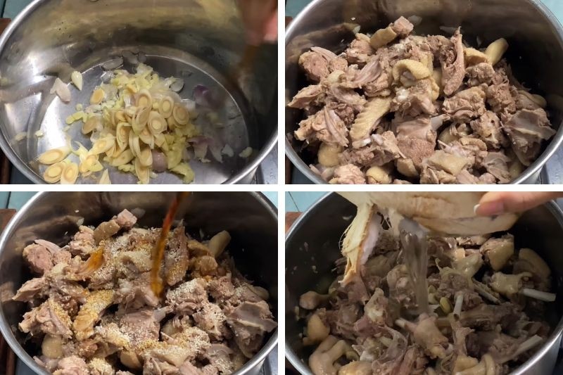 Thịt vịt được xào săn cùng gia vị và nước cốt dừa, tạo nền hương vị đậm đà cho món vịt om sấu