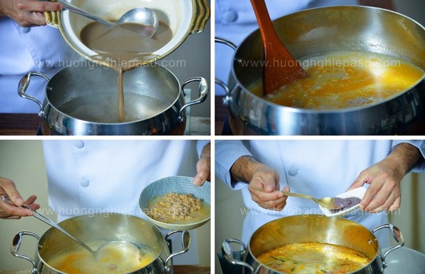 Vớt riêng riêu cua đồng đã đông lại để tránh nát khi nấu lẩu hải sản