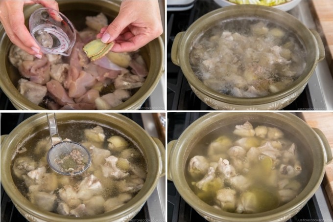 Nồi nước dùng lẩu gà nấm đang sôi với gừng và gia vị thơm lừng