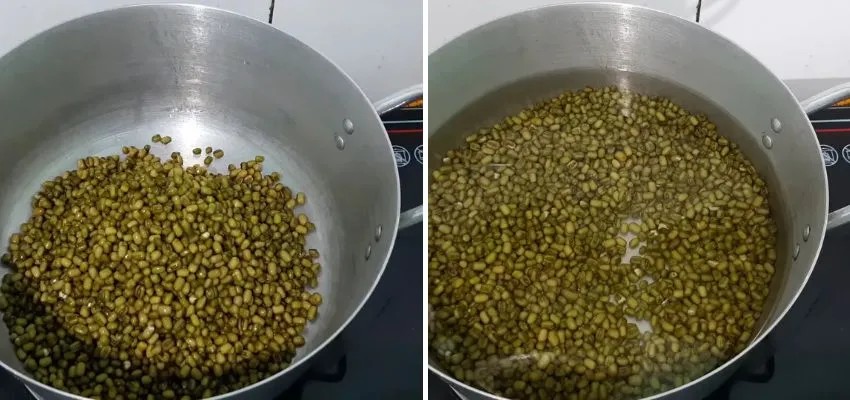 Ninh đậu xanh cho món chè thạch sắn dây nước cốt dừa chín mềm
