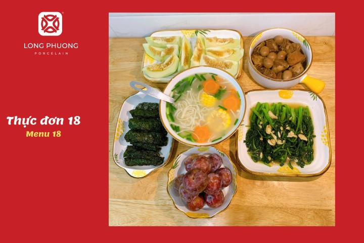 Mâm cơm với chả lá lốt và sườn kho trứng cút, đầy đủ dưỡng chất và hấp dẫn