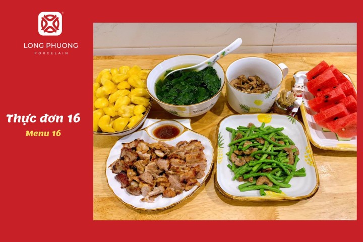 Mâm cơm hàng ngày với thịt xá xíu và đỗ đũa xào, mang hương vị đặc trưng miền Bắc