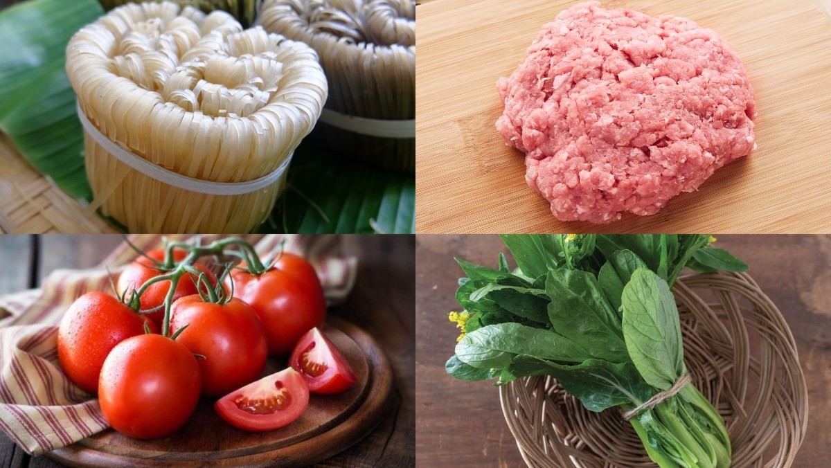 Nguyên liệu chuẩn bị cho cách nấu mì gạo cà chua thịt băm