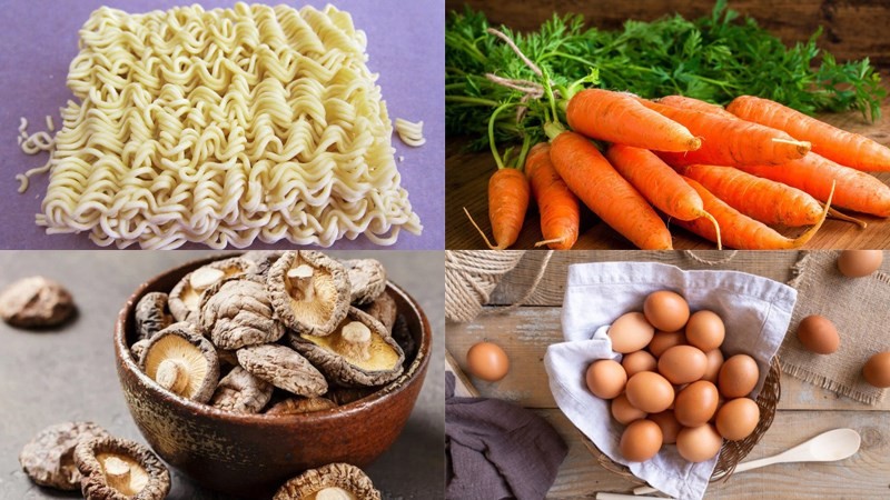 Nguyên liệu chuẩn bị cho cách nấu mì với tôm và trứng