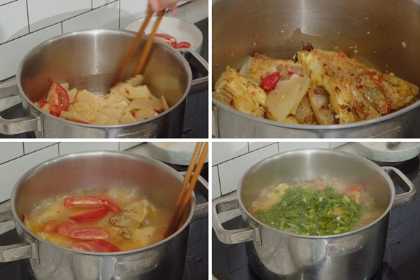 Quá trình nấu canh chua cá diêu hồng với măng chua, tạo nên hương vị đặc trưng và hấp dẫn
