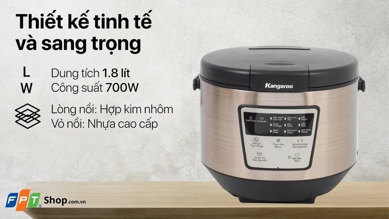 Nồi cơm điện tử Kangaroo màu đen với lòng nồi chống dính
