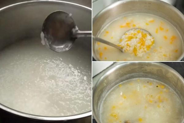 Nấu cháo thịt băm bí đỏ, đậu xanh