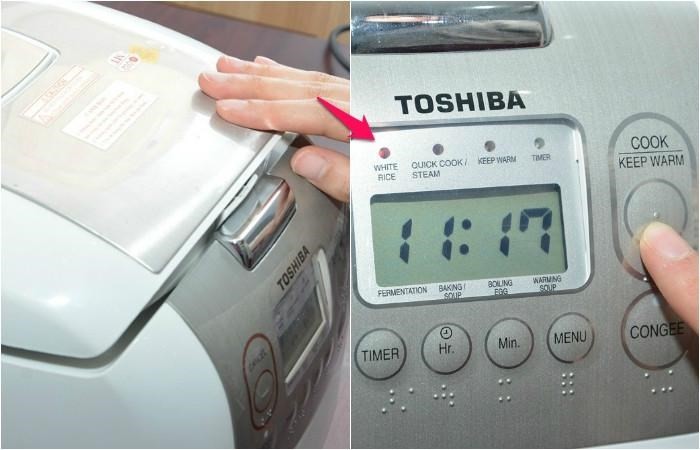 Chọn chế độ White Rice trên bảng điều khiển nồi cơm điện tử Toshiba