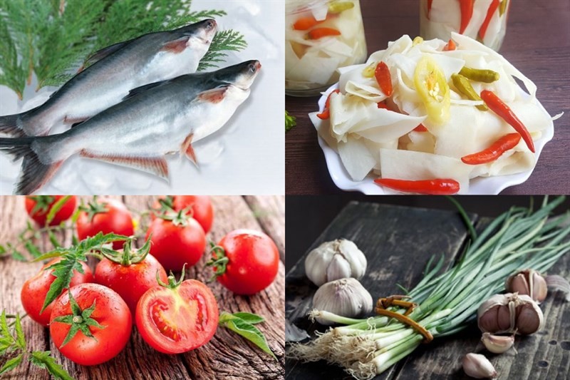 Nguyên liệu chính cho món canh chua cá hú măng chua: cá hú, măng chua, cà chua