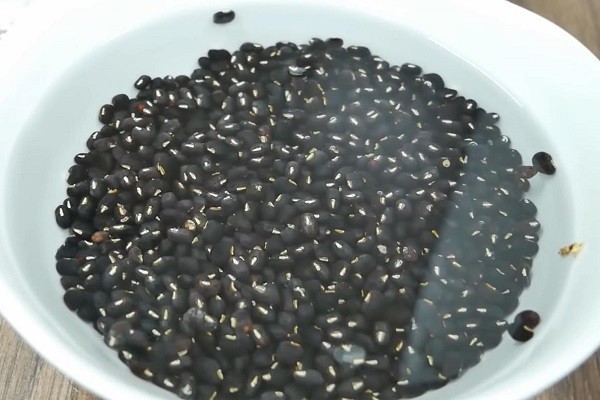 Các nguyên liệu chuẩn bị làm chè đậu đen nước cốt dừa, bao gồm đậu đen đã ngâm.