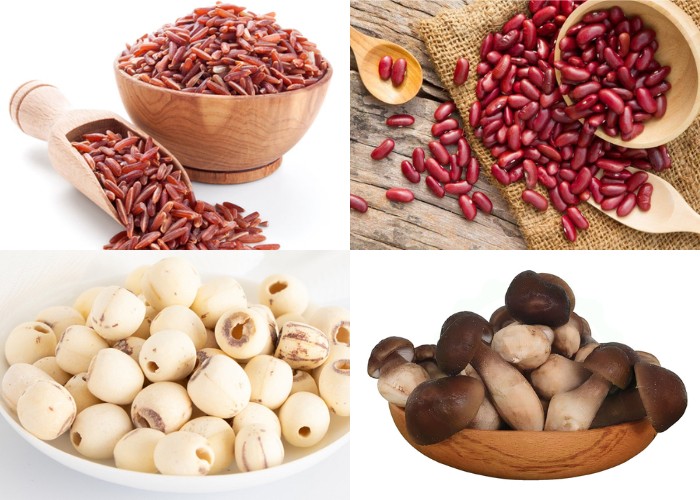 Nguyên liệu bao gồm gạo lứt, đậu đỏ, hạt sen, nấm, tỏi, hành khô, dầu ăn, muối, tiêu, đường được bày trên bàn để nấu cháo gạo lứt