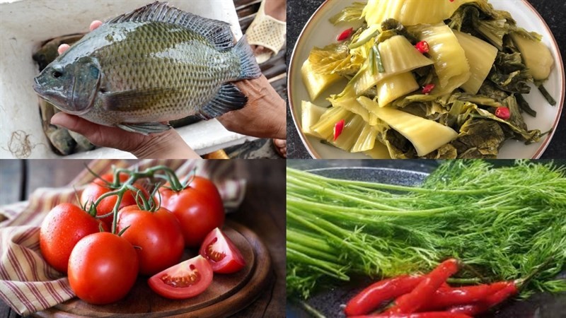 Nguyên liệu tươi ngon cho món lẩu cá rô phi dưa chua, bao gồm cá, dưa cải muối, cà chua và gia vị.