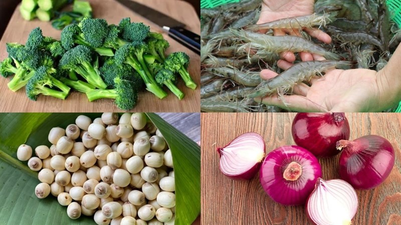 Nguyên liệu chuẩn bị cho canh súp lơ nấu tôm viên hạt sen