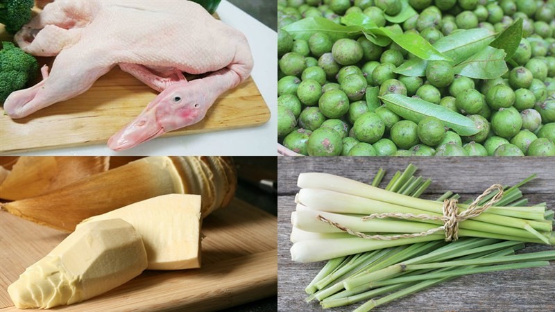 Các nguyên liệu tươi ngon để chuẩn bị món vịt om măng sấu: vịt, măng, sấu, sả, gừng