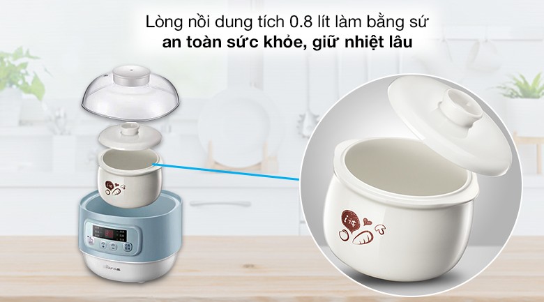 Nồi nấu chậm Bear 0.8 lít DDZ-A08G2 có lòng nồi làm bằng sứ an toàn để nấu thức ăn cho bé