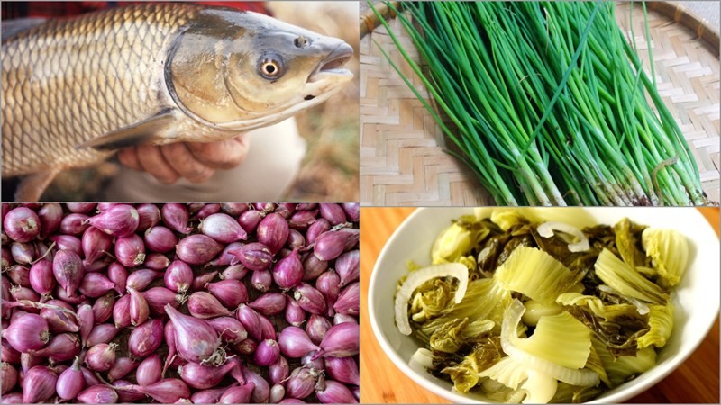 Nguyên liệu chuẩn bị cho món canh chua cá trắm dưa chua