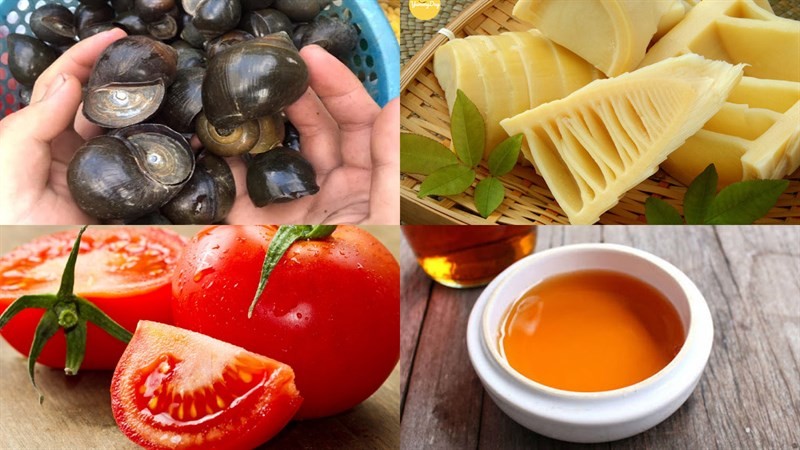 Các nguyên liệu tươi sống cần thiết cho món bún ốc măng, bao gồm ốc bươu, măng tươi, cà chua và rau thơm.