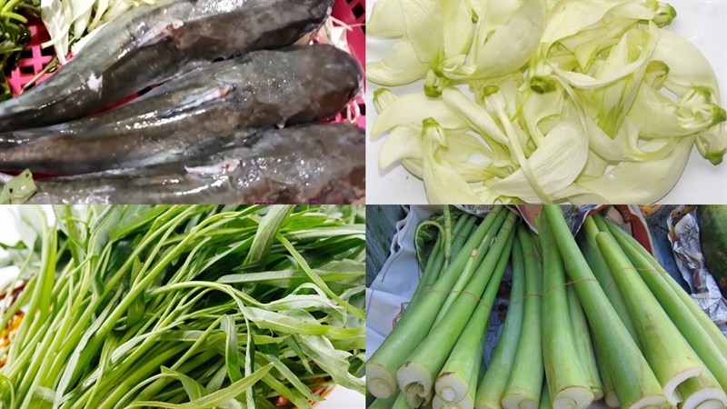 Nguyên liệu tươi ngon chuẩn bị nấu canh chua cá úc dọc mùng