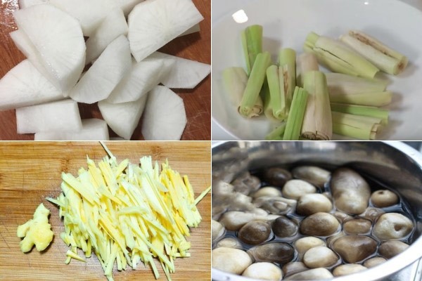 Sơ chế nấm rơm, sả và củ cải trắng cho món gà hầm sả