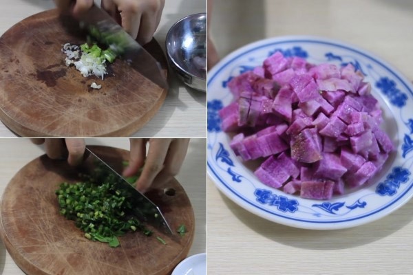 Hướng dẫn sơ chế hành lá, ngò om và khoai mỡ cho món canh ngon