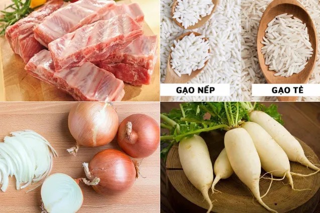 Nguyên liệu chuẩn bị cho món cháo sườn củ cải trắng cho bé ăn dặm