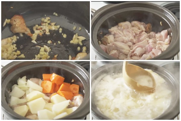 Xào thịt gà, khoai tây và cà rốt trong chảo để chuẩn bị món cà ri Nhật