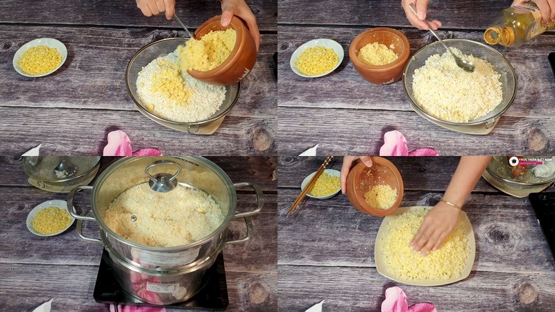 Xôi vò đậu xanh đang được đồ trong chõ, tỏa hương thơm ngát.