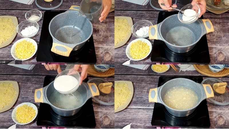 Nồi chè đậu xanh đang sôi nhẹ, chuẩn bị hoàn thành món cúng Tết.