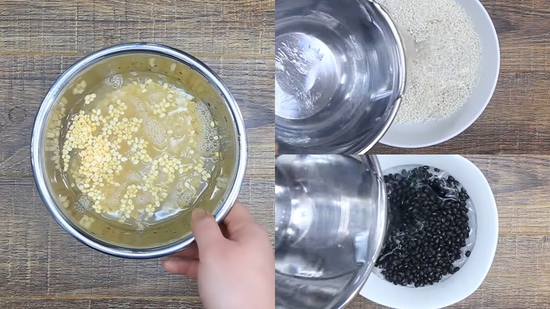 Đậu xanh, gạo nếp và đậu đen đã được ngâm kỹ, chuẩn bị nấu xôi chè.