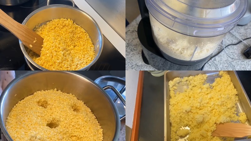 Đậu xanh đã xay nhuyễn, trộn đều với gạo nếp để chuẩn bị đồ xôi chè gừng.