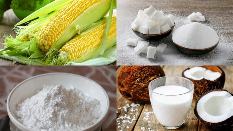 Tất cả nguyên liệu nấu chè bắp với nước cốt dừa cơ bản