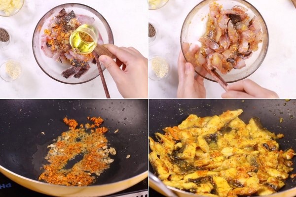Ướp cá lóc với các loại gia vị và xào sơ trên bếp