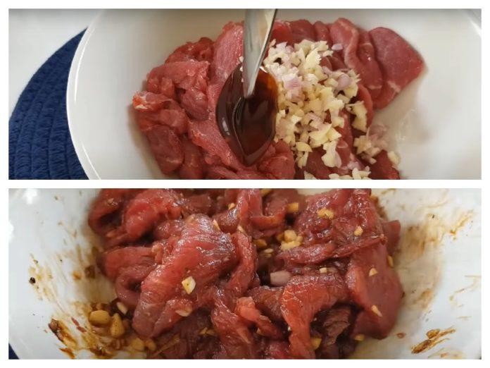 Ướp thịt bò với đầy đủ gia vị để món mì xào bò thêm đậm đà