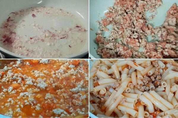 Xào xốt thịt bằm, cà chua với nui