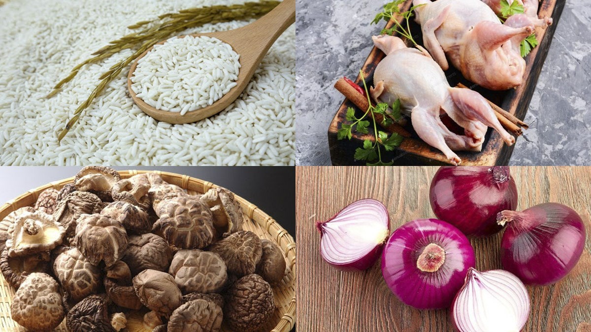 Nguyên liệu đầy đủ để nấu xôi chim bồ câu nấm hương bổ dưỡng