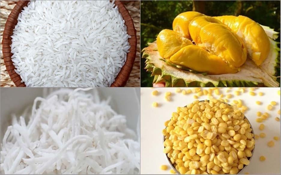 Nguyên liệu chuẩn bị cho cách nấu xôi miền Tây gồm sầu riêng, nếp, đậu xanh và nước cốt dừa tươi