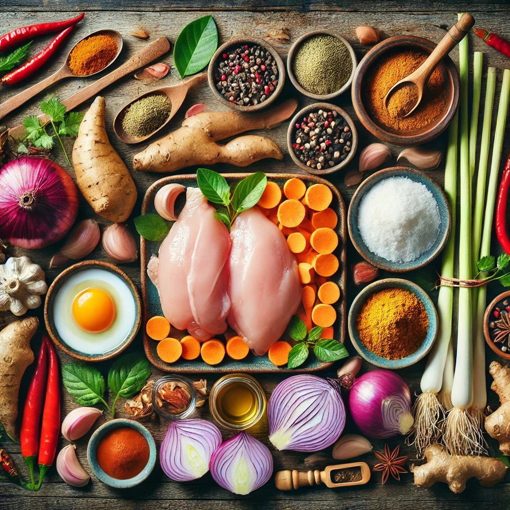 Các nguyên liệu tươi ngon để chuẩn bị món cà ri gà miền Nam, bao gồm thịt gà, khoai lang, nước cốt dừa, sả và ớt